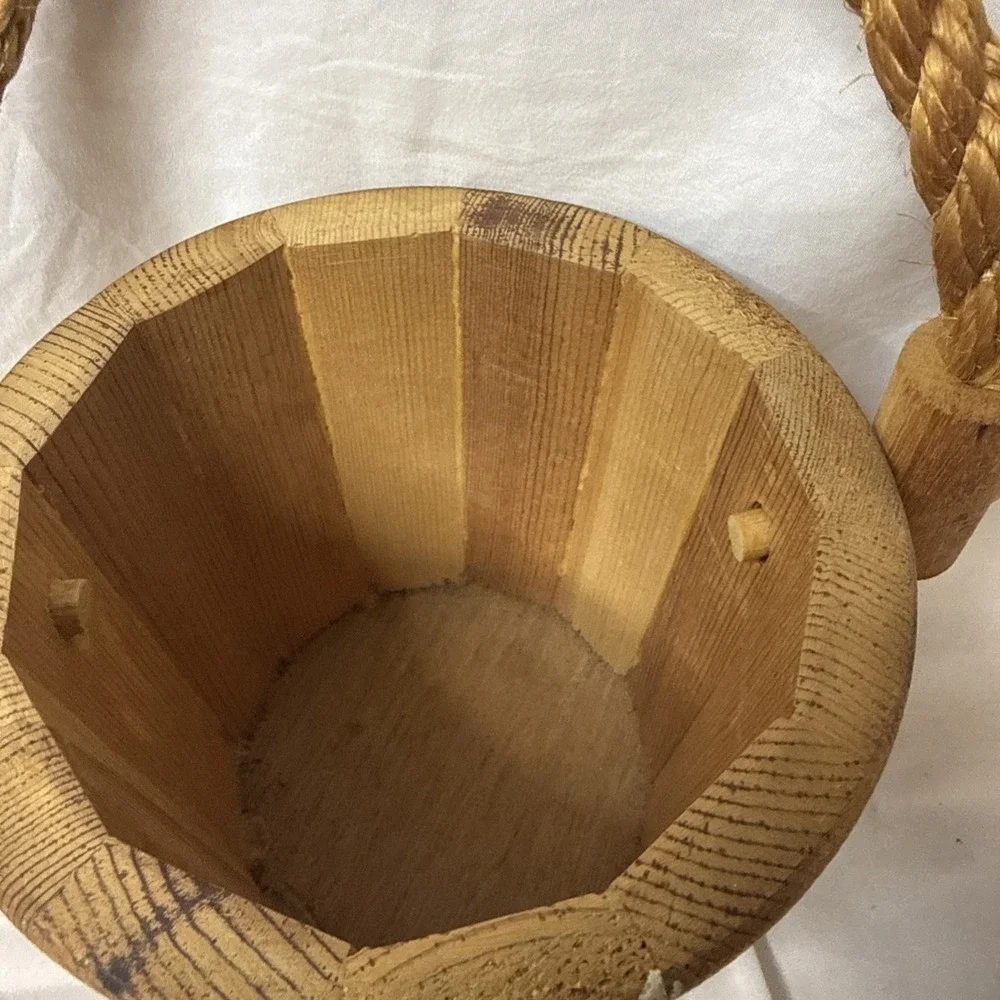 Vintage Wooden Firkin Sugar Bucket Copper Wire Band Rope Well Pail Cottagecore